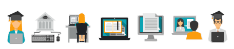 Several icons showing how people study, work, and learn at school